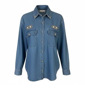 Western Denim Shirt Embellished Collar & Pockets and buttons Cowgirl Rodeo Boho
